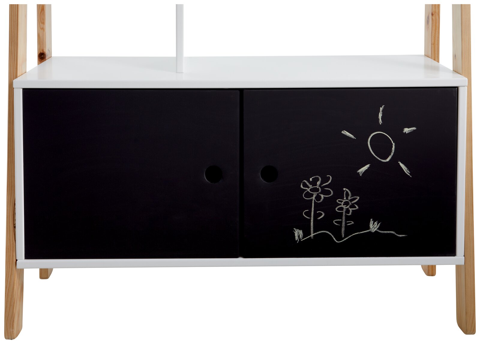 Frontansicht eines Bücherregals mit zwei schwarzen Türen, auf denen mit Kreide eine Sonne und Blumen gezeichnet sind. Das Regal hat weiße und holzfarbene Elemente.