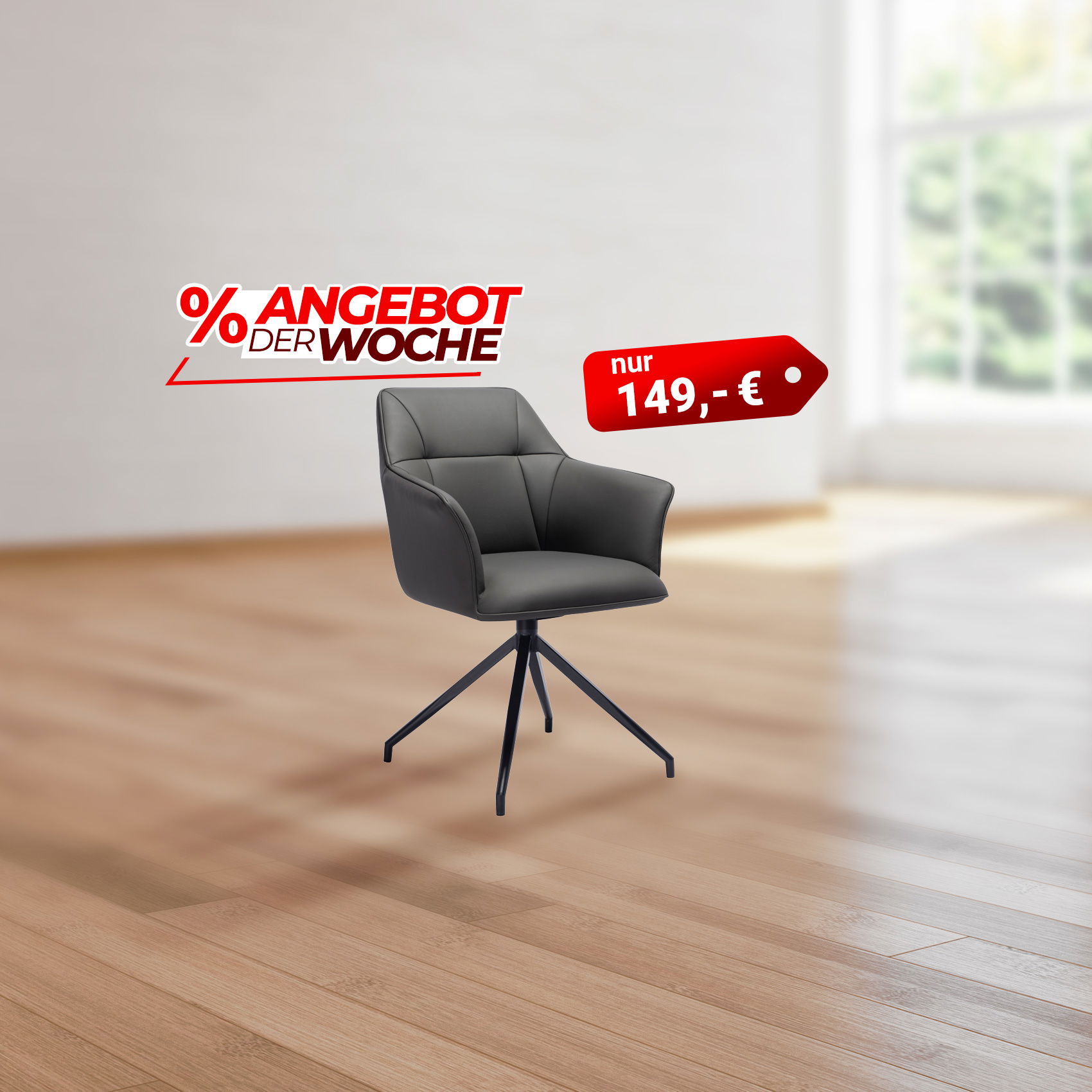 Moderner Drehstuhl in Grau auf Holzboden, Angebot der Woche, nur 149 €