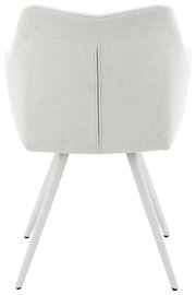 Rückansicht eines modernen Armlehnstuhls mit hellgrauem Stoffbezug und weißen Metallbeinen.