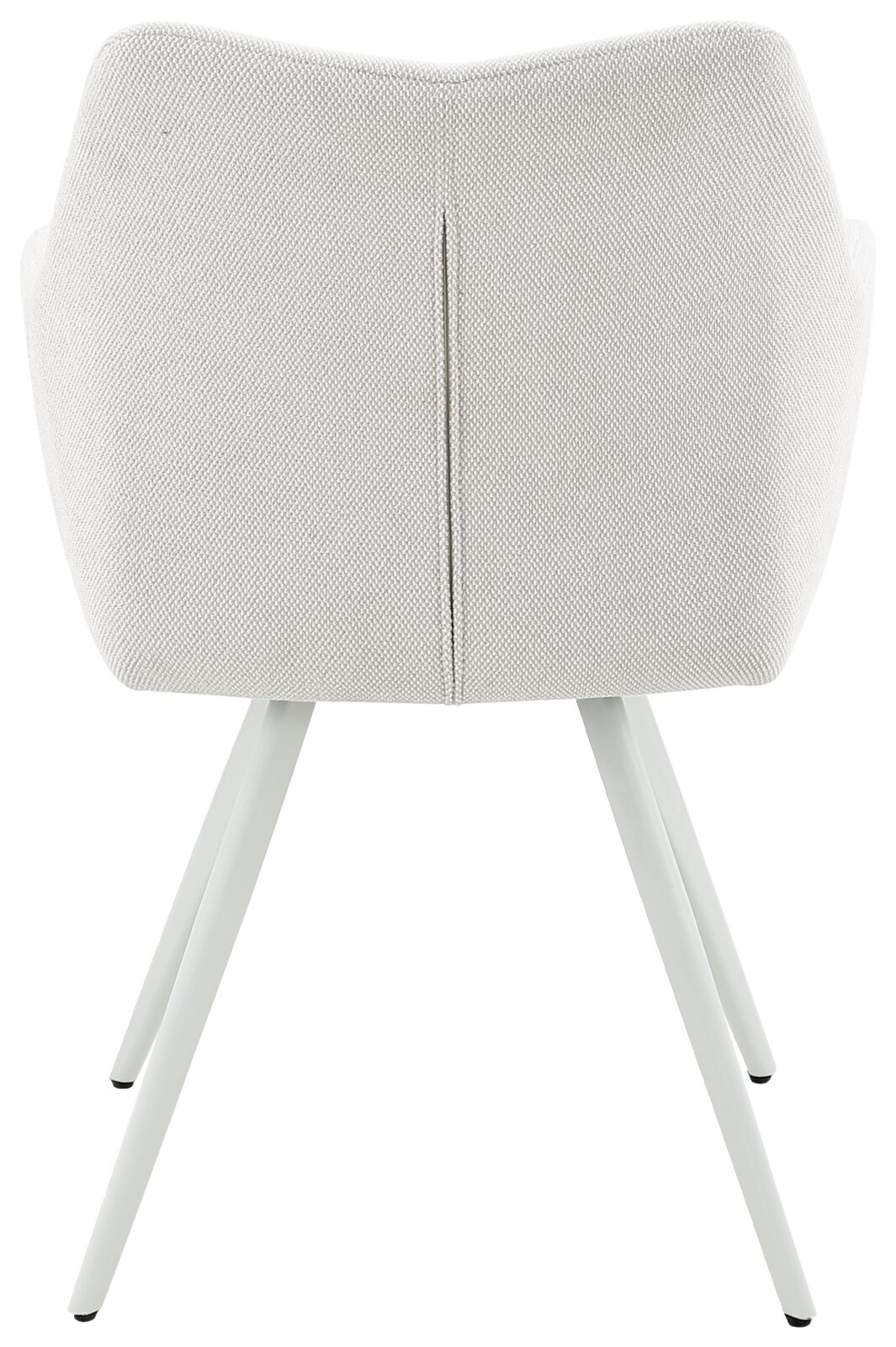 Achterkant van een moderne fauteuil met een lichtgrijze stoffen bekleding en witte metalen poten.