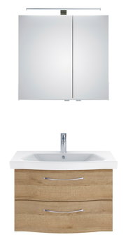 Badezimmermöbel-Set mit Spiegelschrank und Waschbeckenunterschrank in Holzoptik, Frontalansicht