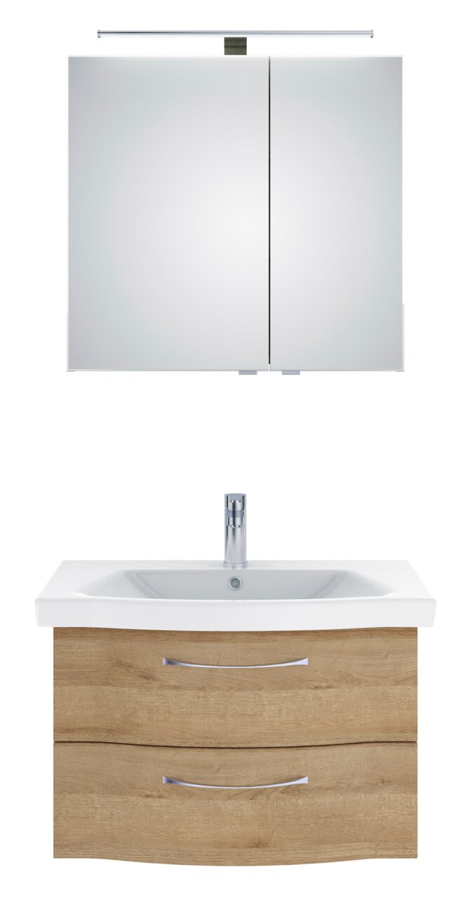 Badezimmermöbel-Set mit Spiegelschrank und Waschbeckenunterschrank in Holzoptik, Frontalansicht