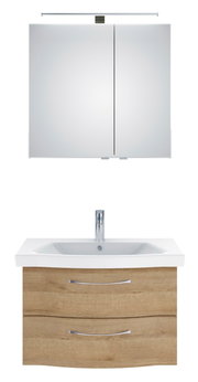 Badezimmermöbel-Set mit Spiegelschrank und Waschbeckenunterschrank in Holzoptik, Frontalansicht