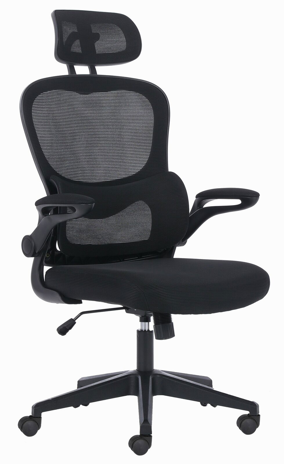 Ergonomischer schwarzer Drehstuhl mit Netzrückenlehne und Kopfstütze, seitliche Ansicht