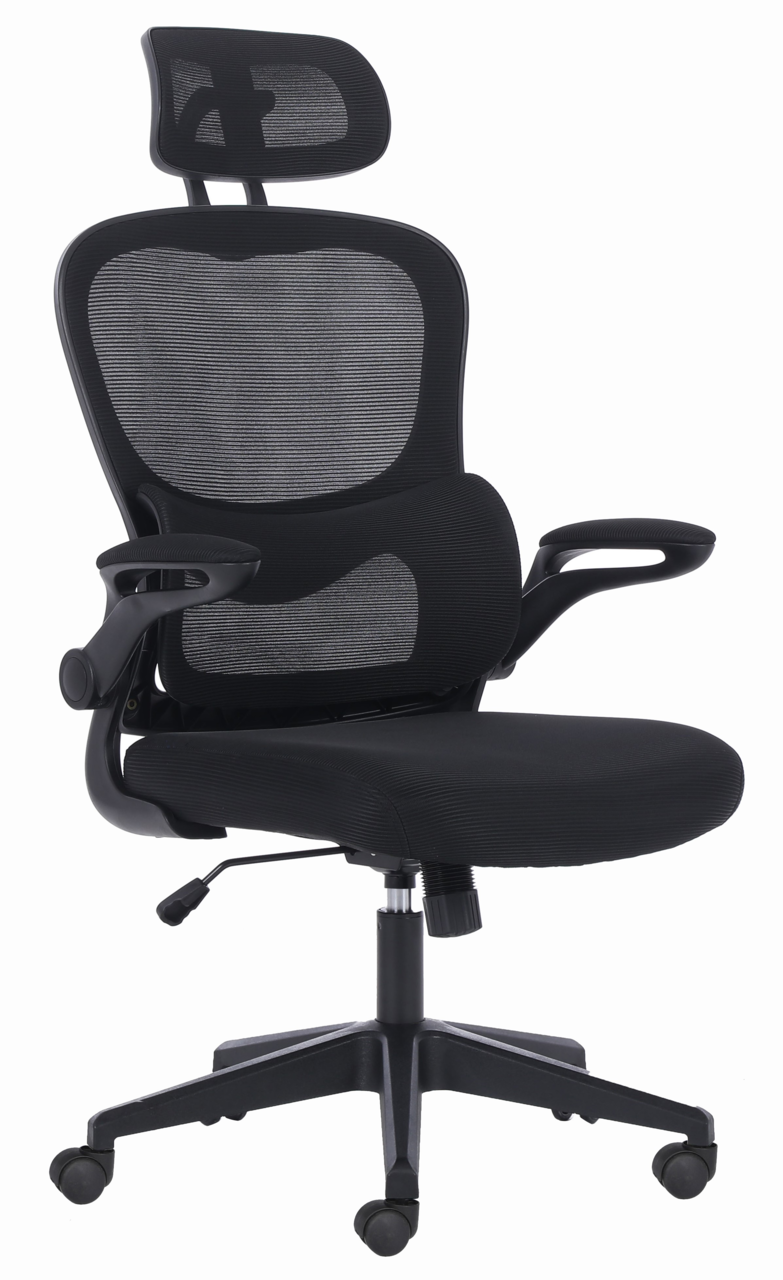 Ergonomischer schwarzer Drehstuhl mit Netzrückenlehne und Kopfstütze, seitliche Ansicht