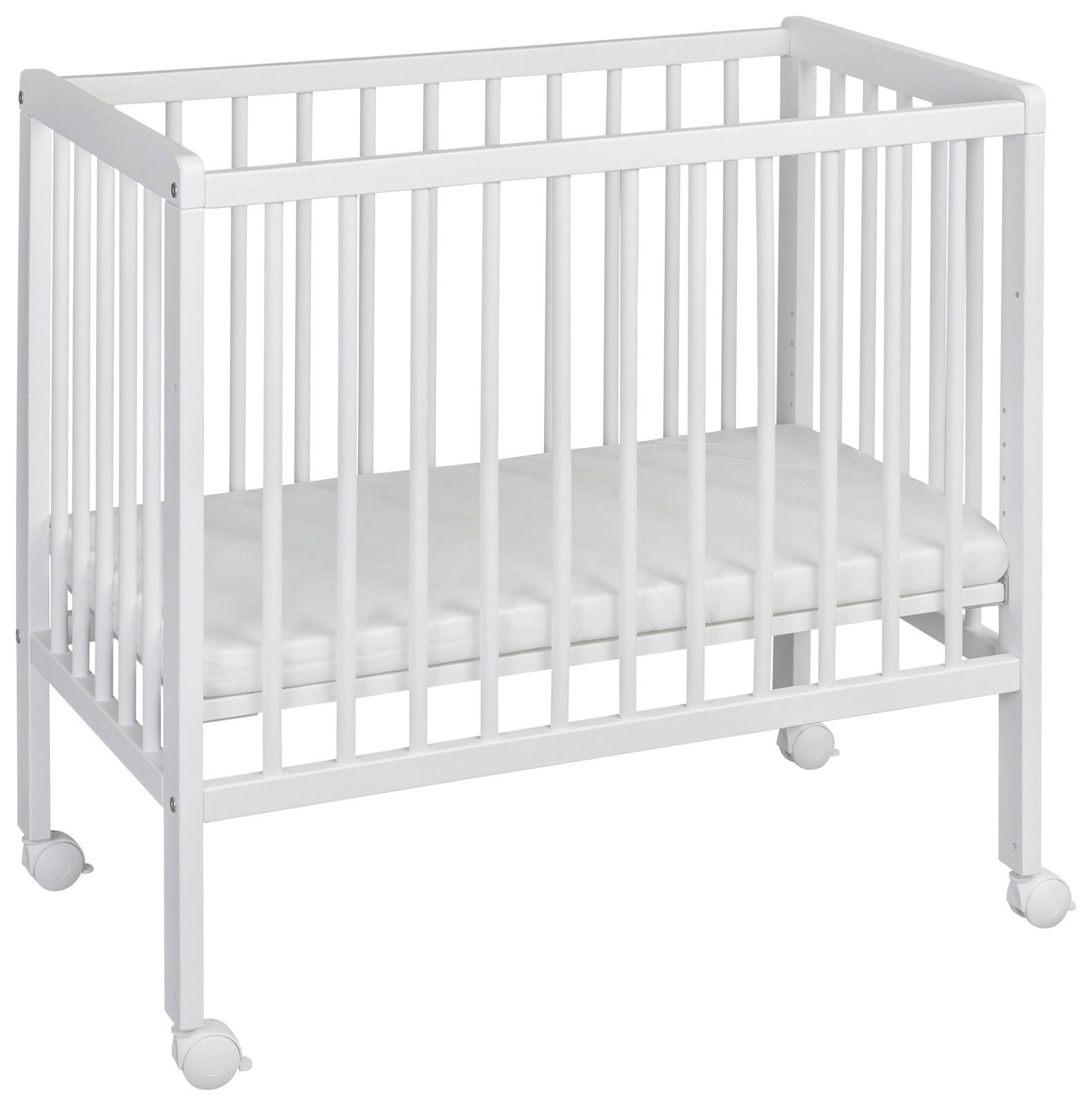 MyBaby Beistellbett NINA Weißes Beistellbett mit Rollen, seitliche Perspektive