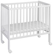 Weißes Beistellbett mit Rollen, seitliche Perspektive