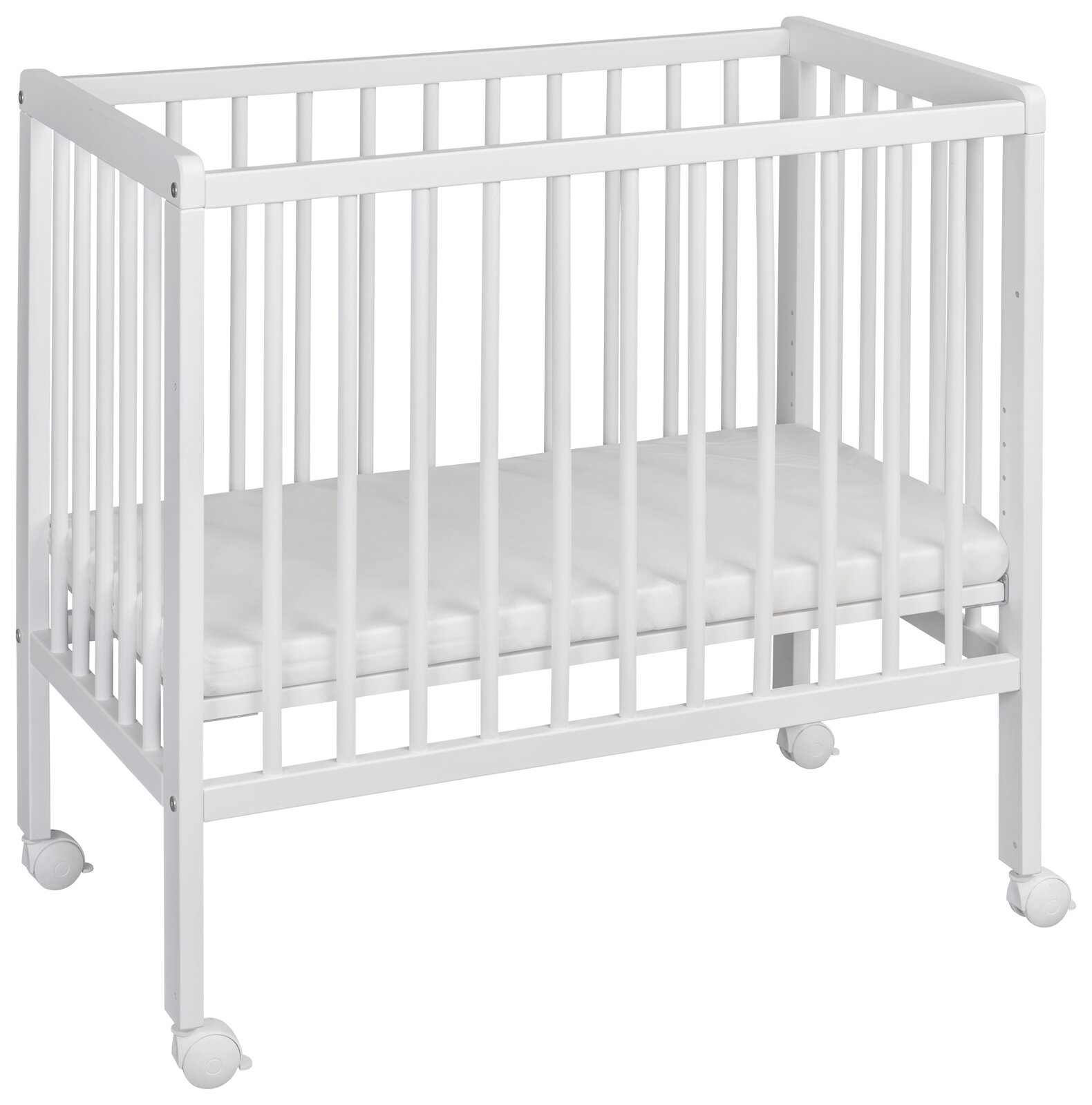 MyBaby Beistellbett NINA Weißes Beistellbett mit Rollen, seitliche Perspektive