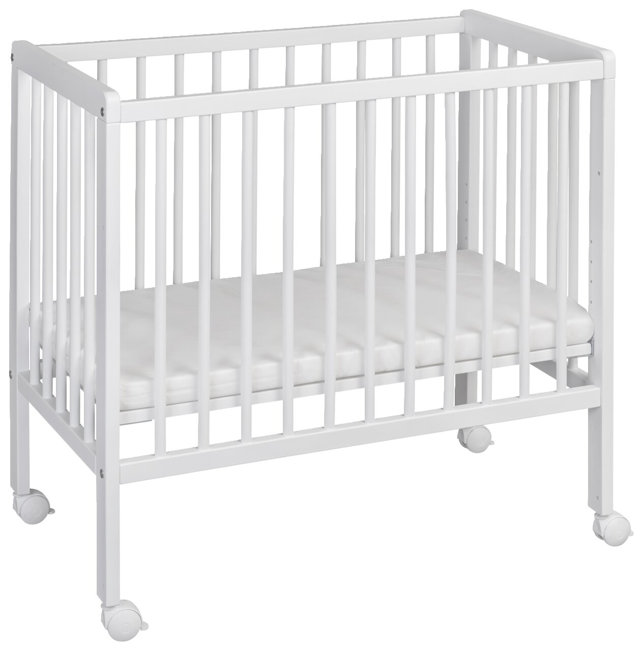 Weißes Beistellbett mit Rollen, seitliche Perspektive
