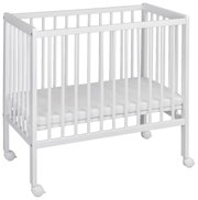 Weißes Beistellbett mit Rollen, seitliche Perspektive
