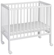 Weißes Beistellbett mit Rollen, seitliche Perspektive