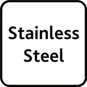Quadratisches Schild mit der Aufschrift 'Stainless Steel' in schwarzer Schrift auf weißem Hintergrund, Frontalansicht.