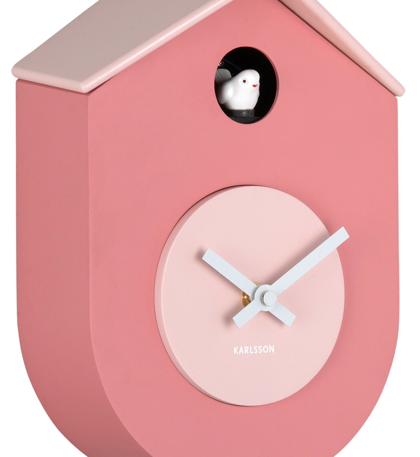 Rosa Wanduhr in Hausform mit Kuckucksvogel, seitliche Perspektive