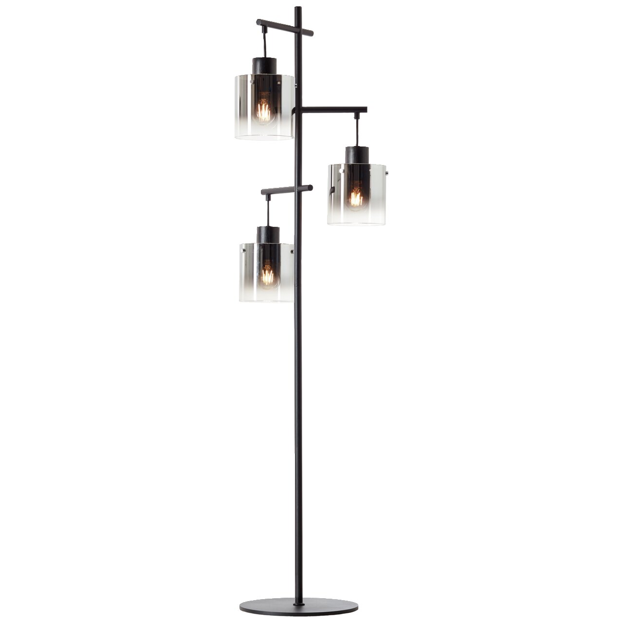 Moderne Standleuchte Simonis mit drei zylindrischen Lampenschirmen aus Glas, seitliche Perspektive
