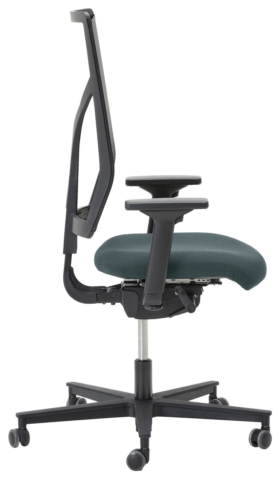 Moderner Drehstuhl in Seitenansicht mit verstellbaren Armlehnen und ergonomischem Design.