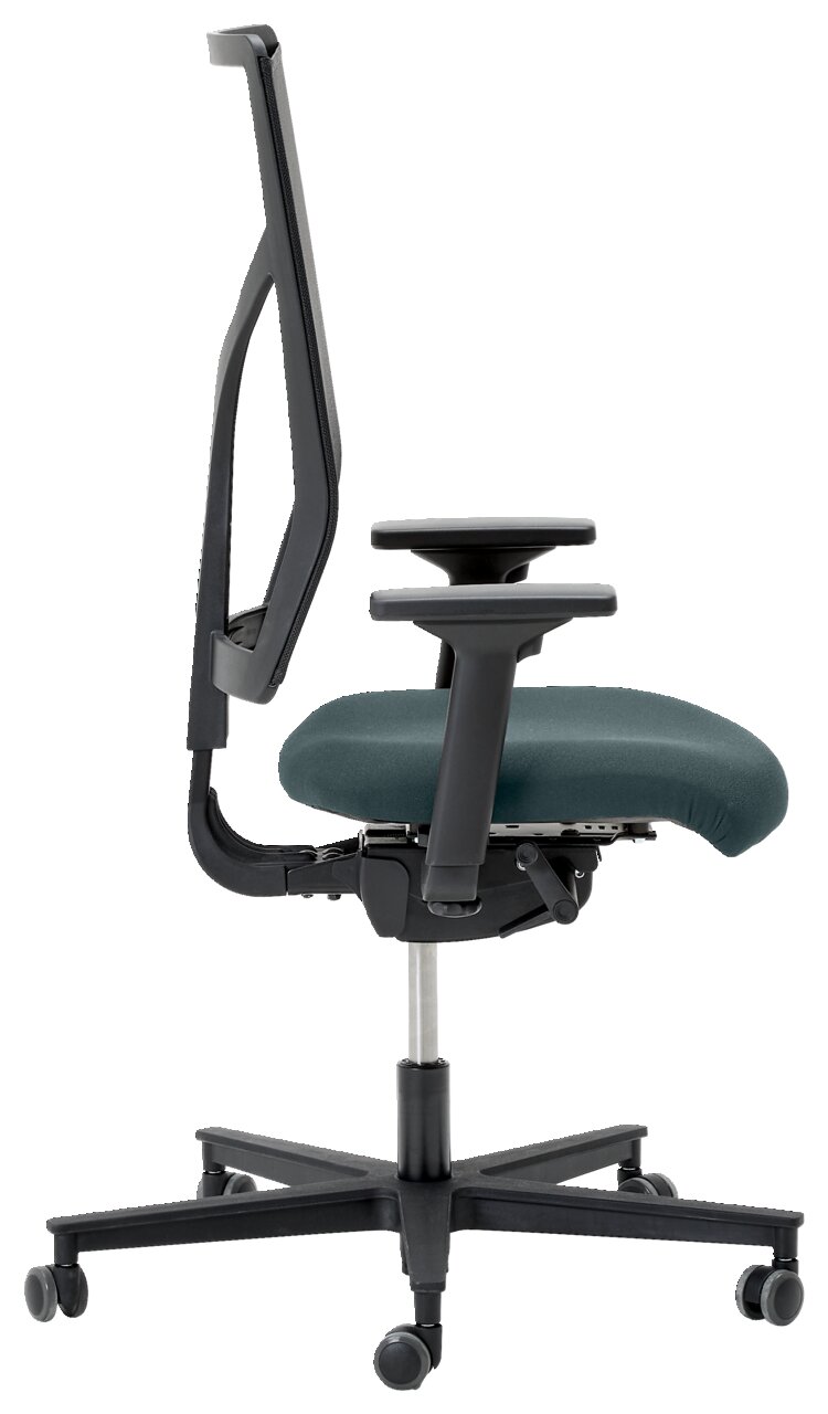 Moderner Drehstuhl in Seitenansicht mit verstellbaren Armlehnen und ergonomischem Design.