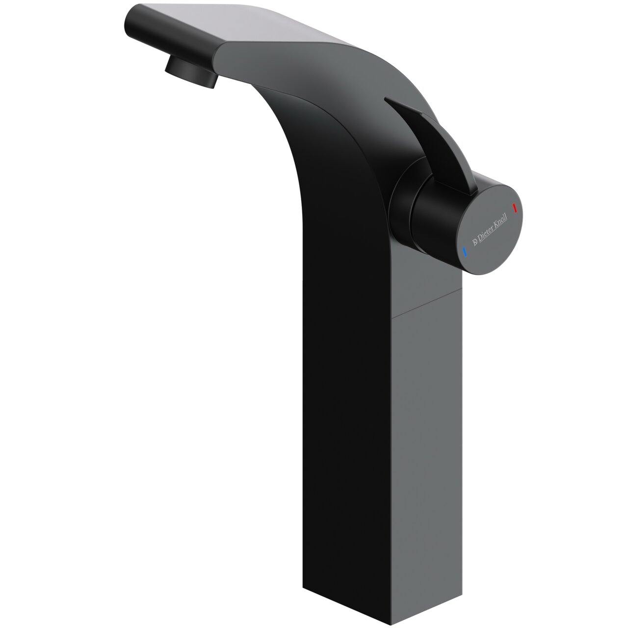 Dieter Knoll Waschtisch-Einhebelmischer Schwarze, moderne Einhebel-Waschtischarmatur mit gebogenem Auslauf und seitlichem Drehknopf mit Rot/Blau-Markierung, in schräger Seitenansicht (3/4-Perspektive) vor weißem Hintergrund.