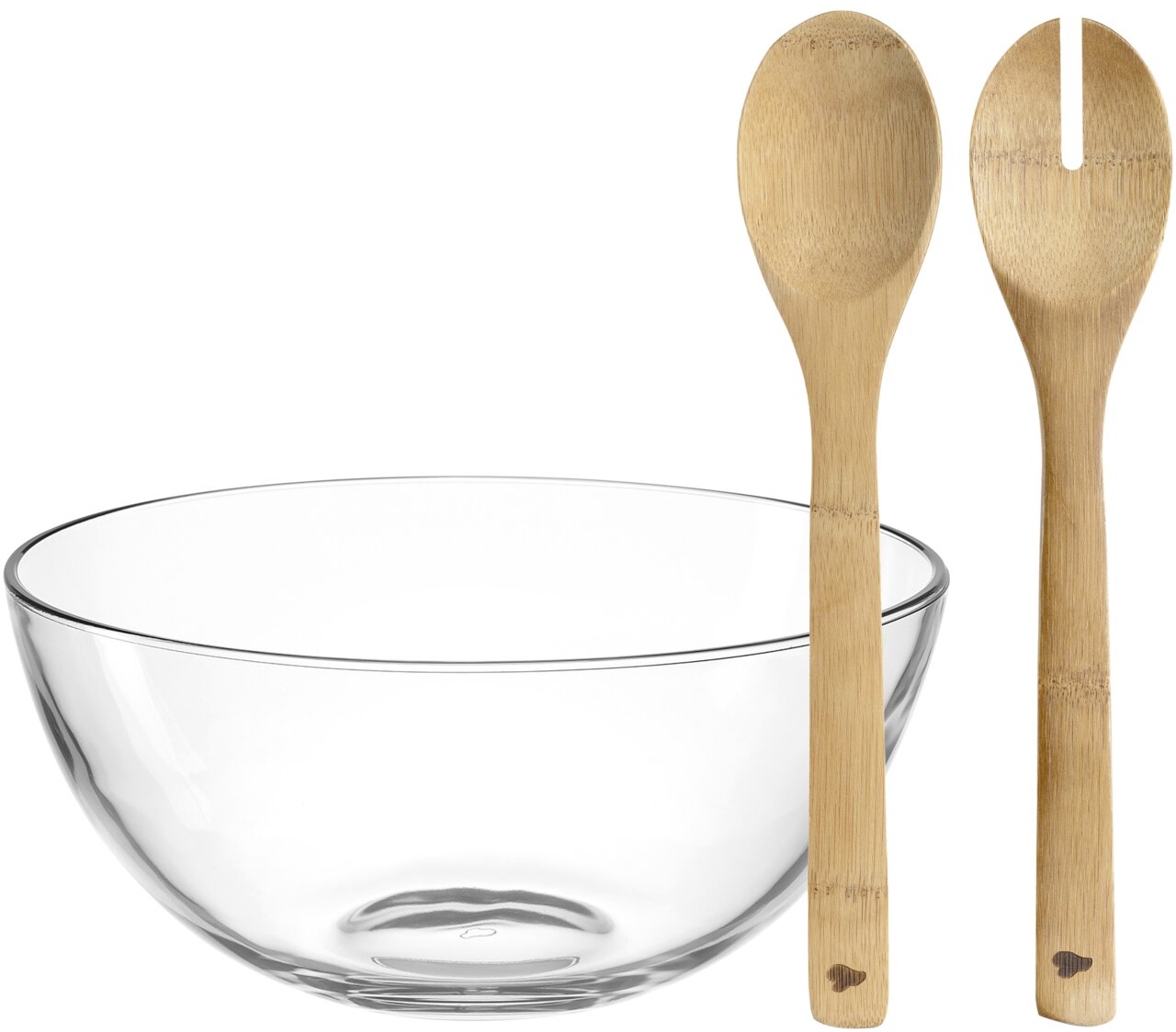 Glasklare Schale mit zwei hölzernen Salatbestecken, seitliche Perspektive