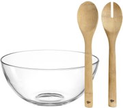 Glasklare Schale mit zwei hölzernen Salatbestecken, seitliche Perspektive