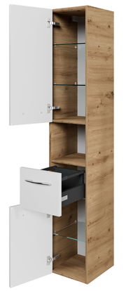 Hochschrank aus Holz mit weißen Türen und Schublade, teilweise geöffnet, aus schräger Perspektive.