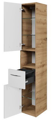 Hochschrank aus Holz mit weißen Türen und Schublade, teilweise geöffnet, aus schräger Perspektive.