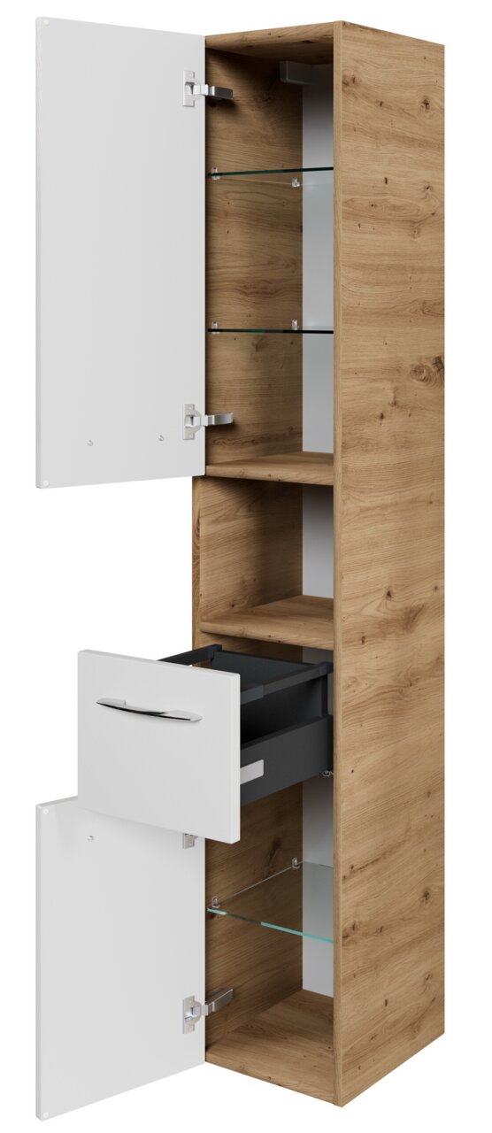 Hoge houten kast met witte deuren en een lade, gedeeltelijk geopend, vanuit een schuin perspectief.