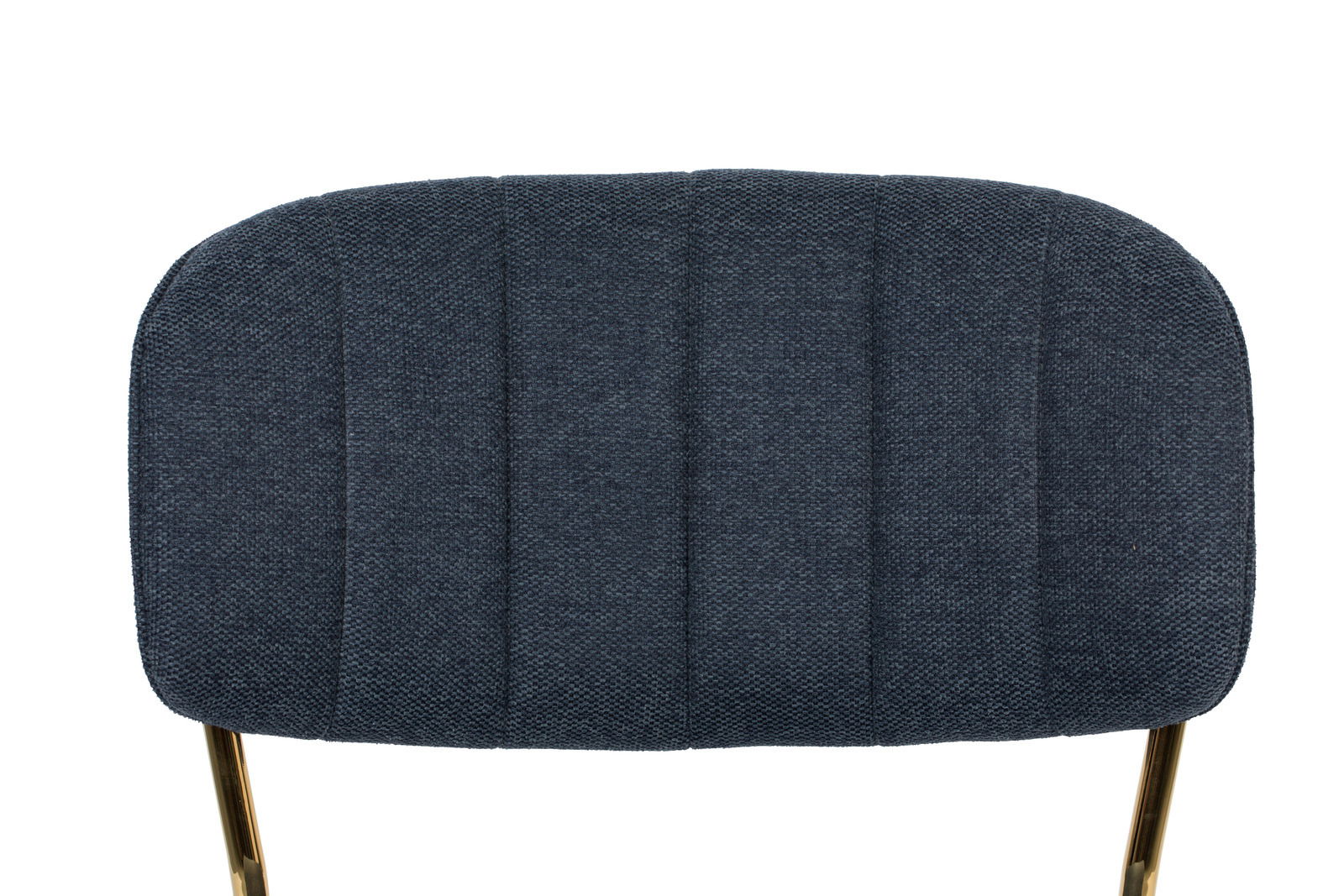 Rückansicht eines modernen Stuhls mit dunkelblauer Polsterung und goldenen Beinen