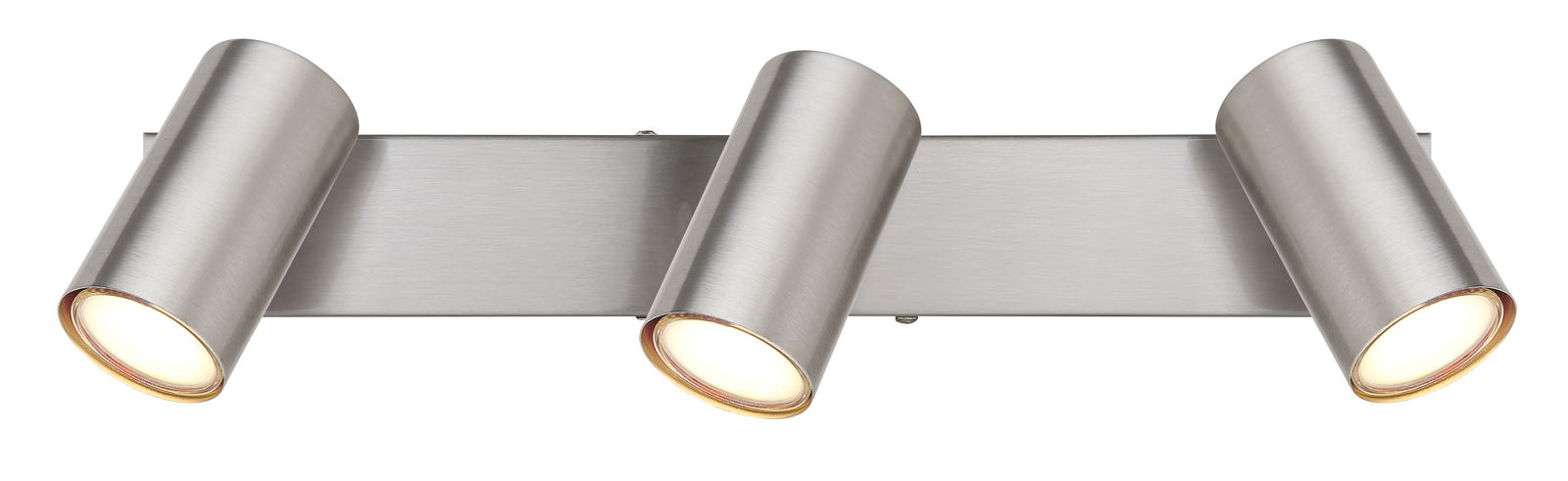 Moderner Strahler mit drei zylindrischen Leuchten in gebürstetem Metall, seitliche Perspektive