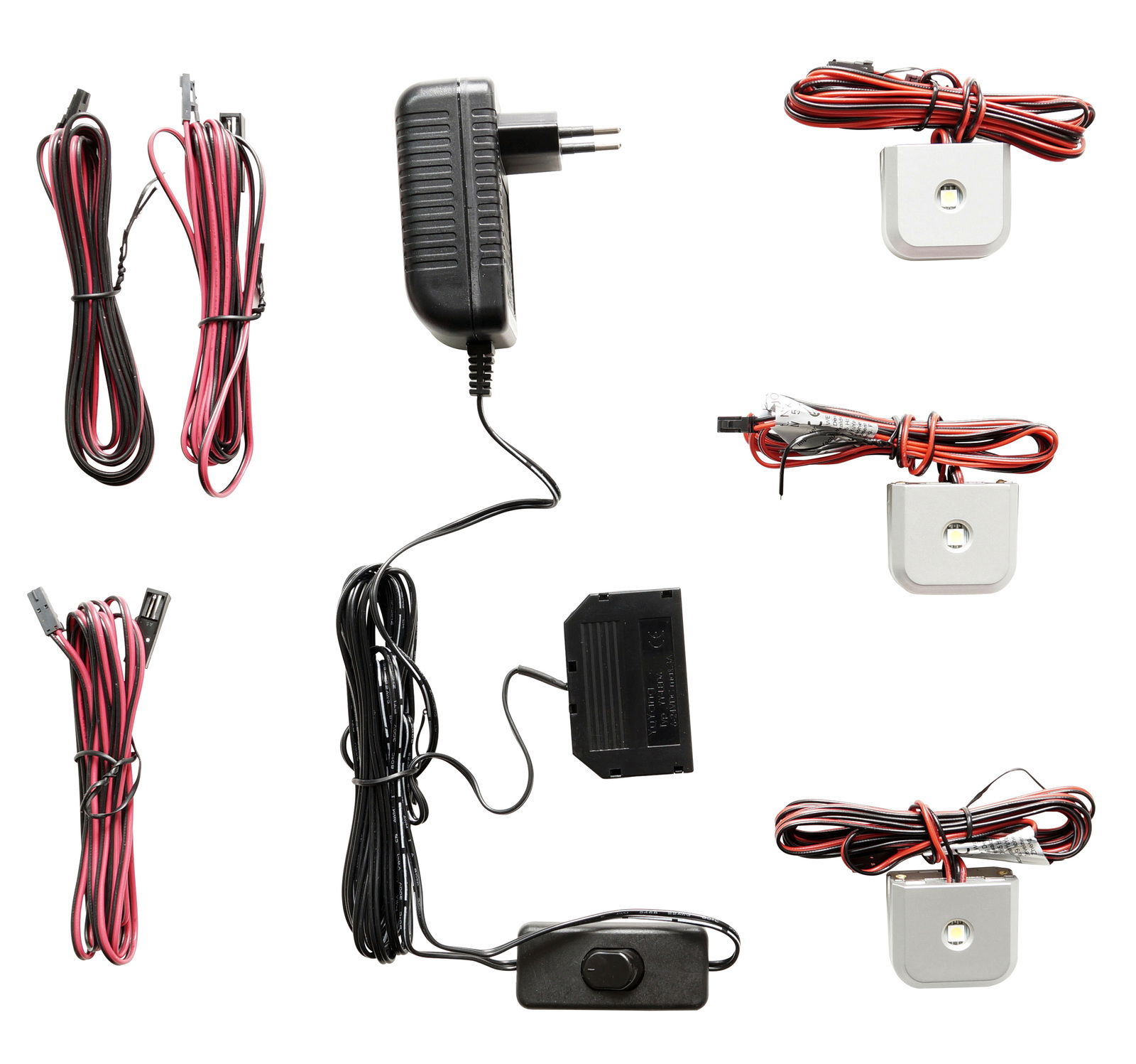 LED-Glasbodenbeleuchtung Set mit Netzteil, Kabeln und LED-Modulen, Ansicht von oben