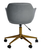 Rückansicht eines grauen Bürostuhls mit goldener Basis und Rollen