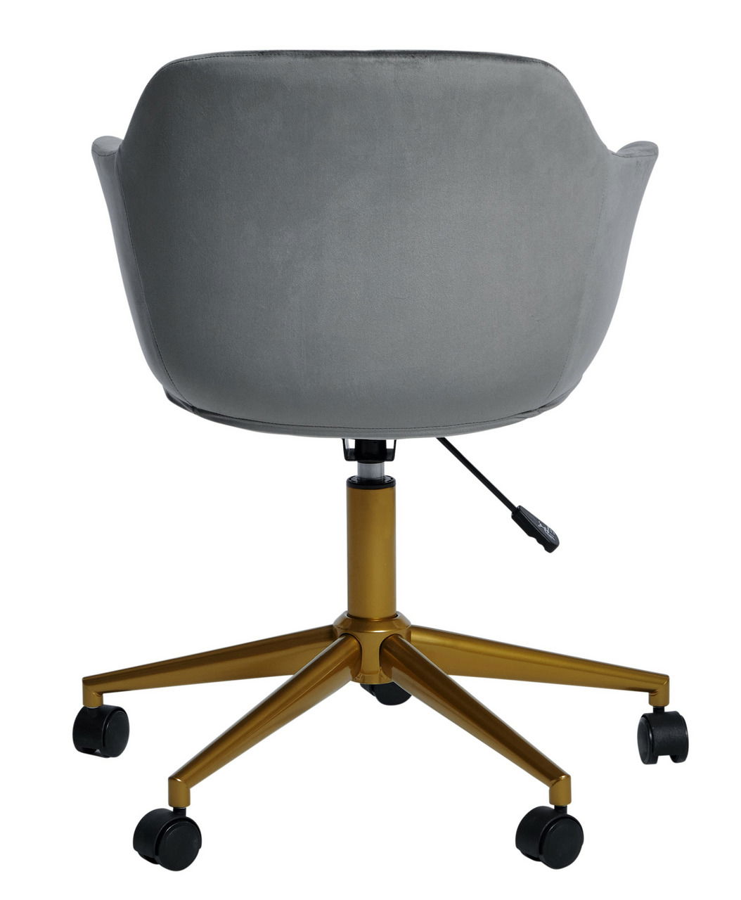 Rückansicht eines grauen Bürostuhls mit goldener Basis und Rollen