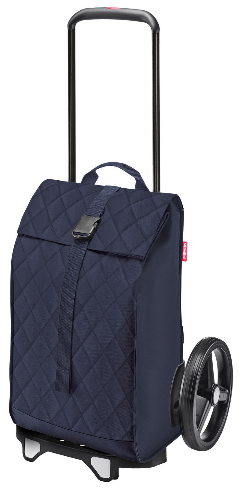 Citycruiser Rhombus Midnight in seitlicher Perspektive, dunkelblaues Design mit Rautensteppung, großer Griff und robuste Räder.