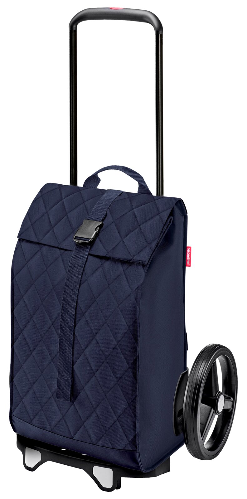 Citycruiser Rhombus Midnight in seitlicher Perspektive, dunkelblaues Design mit Rautensteppung, großer Griff und robuste Räder.
