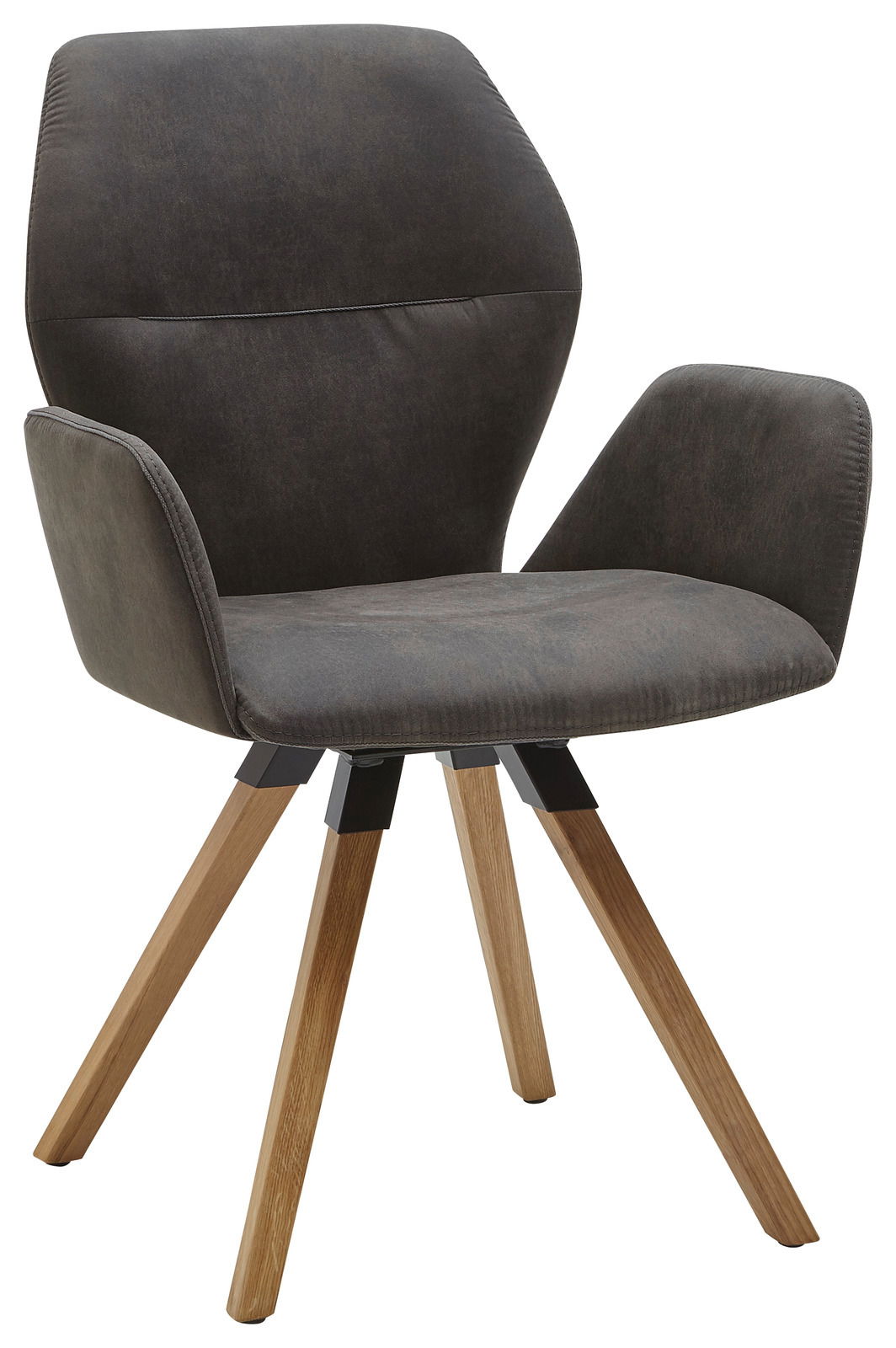 Moderner Armlehnenstuhl mit grauem Stoffbezug und Holzbeinen, seitliche Perspektive