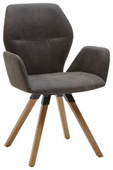 Moderner Armlehnenstuhl mit grauem Stoffbezug und Holzbeinen, seitliche Perspektive