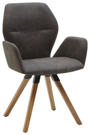 Moderner Armlehnenstuhl mit grauem Stoffbezug und Holzbeinen, seitliche Perspektive