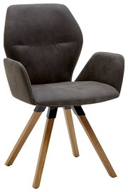 Moderner Armlehnenstuhl mit grauem Stoffbezug und Holzbeinen, seitliche Perspektive