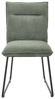 Grüner Stuhl mit geripptem Stoffbezug und schwarzen Metallbeinen, Frontalansicht