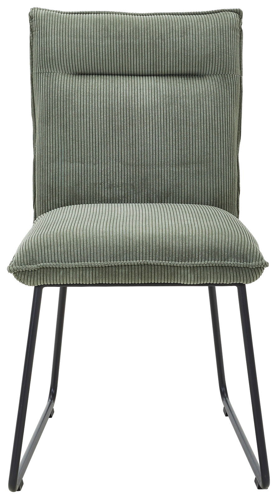 Grüner Stuhl mit geripptem Stoffbezug und schwarzen Metallbeinen, Frontalansicht
