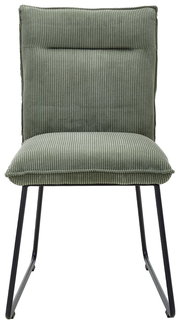 Grüner Stuhl mit geripptem Stoffbezug und schwarzen Metallbeinen, Frontalansicht