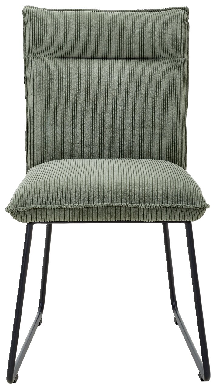 Grüner Stuhl mit geripptem Stoffbezug und schwarzen Metallbeinen, Frontalansicht