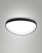 Moderne led-plafondlamp met zwarte rand, gezien van onderaf.