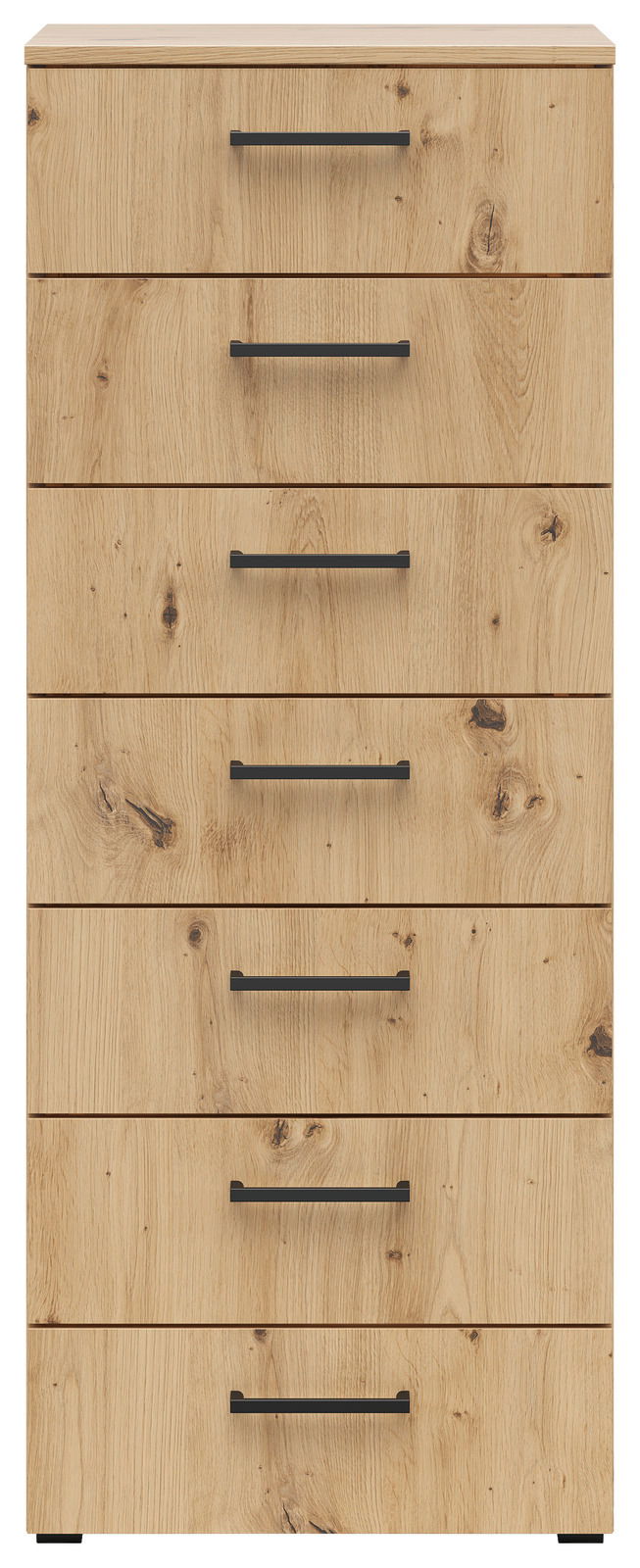 Frontale Ansicht einer Kommode mit sieben Schubladen in Holzoptik und schwarzen Griffen.
