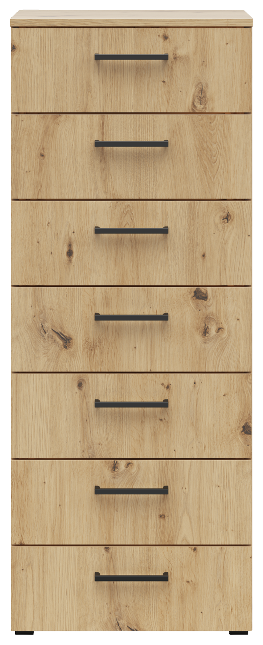 Frontale Ansicht einer Kommode mit sieben Schubladen in Holzoptik und schwarzen Griffen.