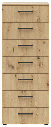 Frontale Ansicht einer Kommode mit sieben Schubladen in Holzoptik und schwarzen Griffen.