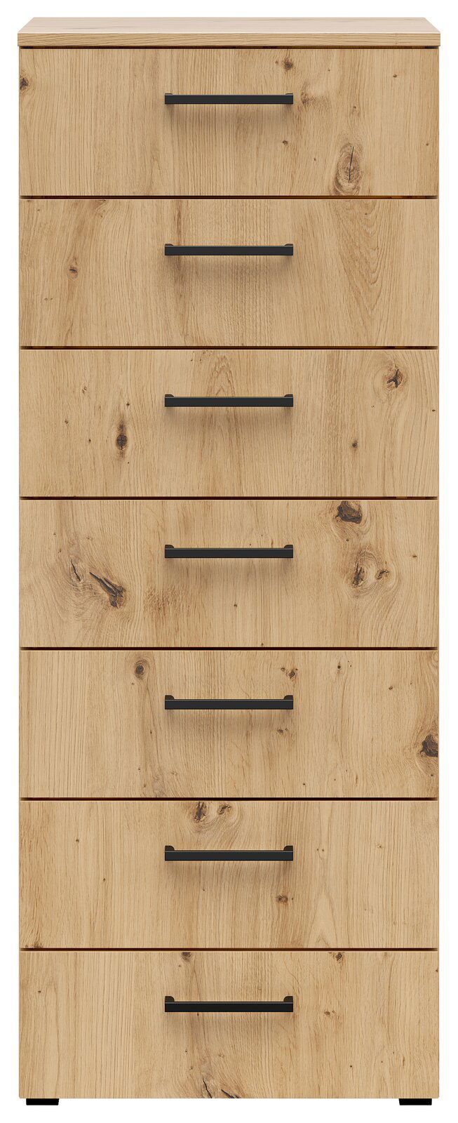 Frontale Ansicht einer Kommode mit sieben Schubladen in Holzoptik und schwarzen Griffen.