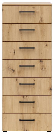 Frontale Ansicht einer Kommode mit sieben Schubladen in Holzoptik und schwarzen Griffen.