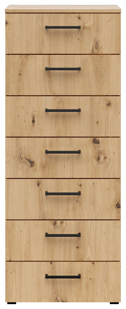 Frontale Ansicht einer Kommode mit sieben Schubladen in Holzoptik und schwarzen Griffen.