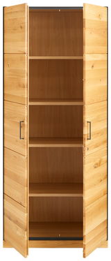 Offener Aktenschrank aus Holz mit zwei Türen und mehreren Regalböden, Frontalansicht