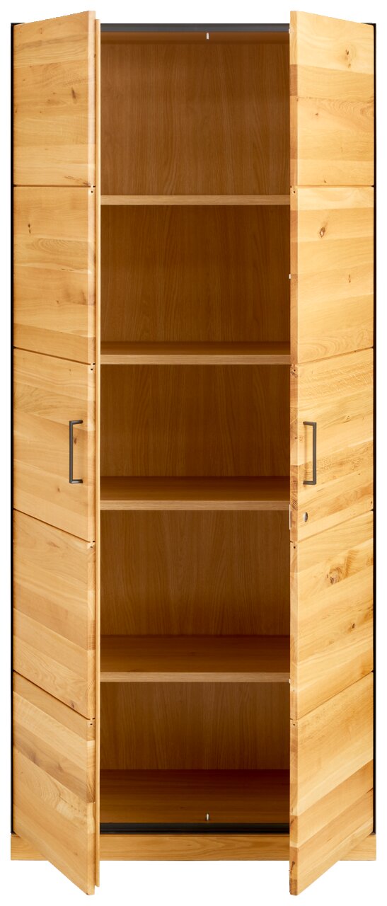 Offener Aktenschrank aus Holz mit zwei Türen und mehreren Regalböden, Frontalansicht